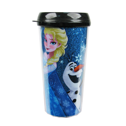 Disney Frozen Elsa and Olaf the Snow Man Back 2 Back Glitter 16 oz. Plastic Travel Mug